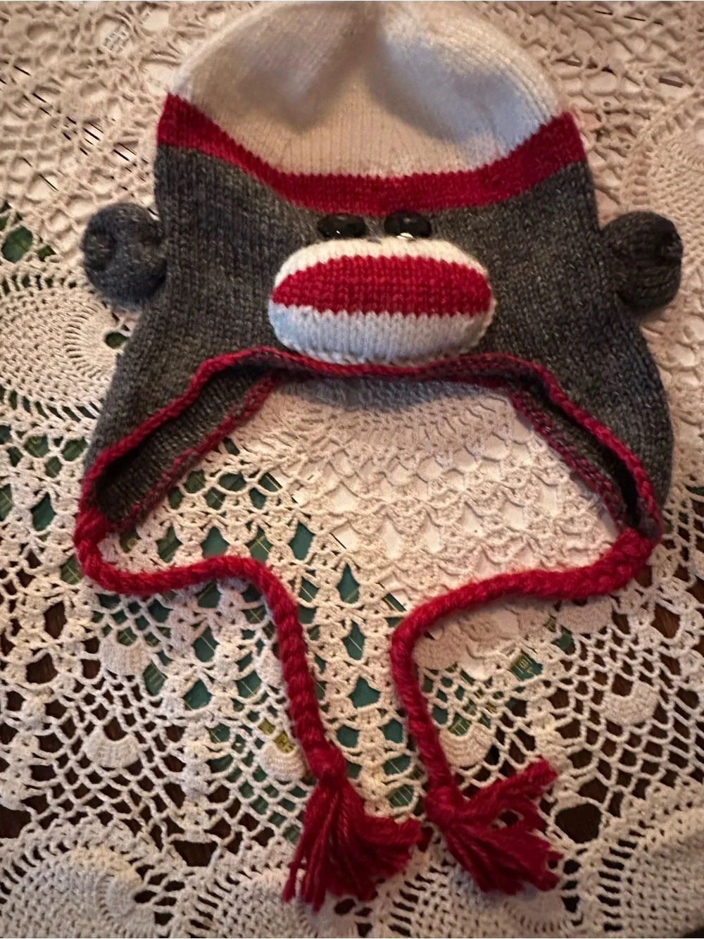 Women’s Grey and Red Sock Monkey Earflap Hat